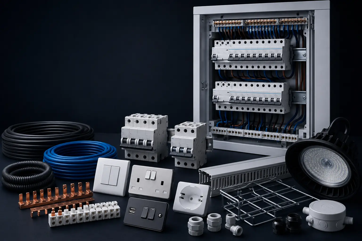Professional electrical distribution panel, circuit breakers, cables, switches, sockets and cable-management products